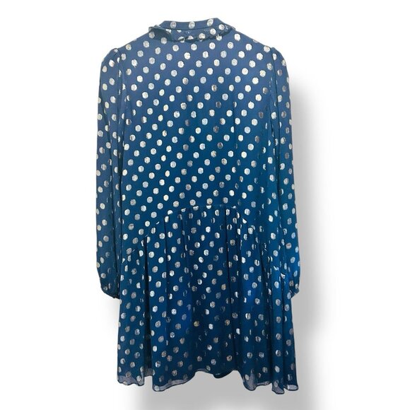 SALONI Navy Tilly Dress Womens Sz 6 Metallic Polka Dots Silk Ruffle Drop Waist - Picture 16 of 16